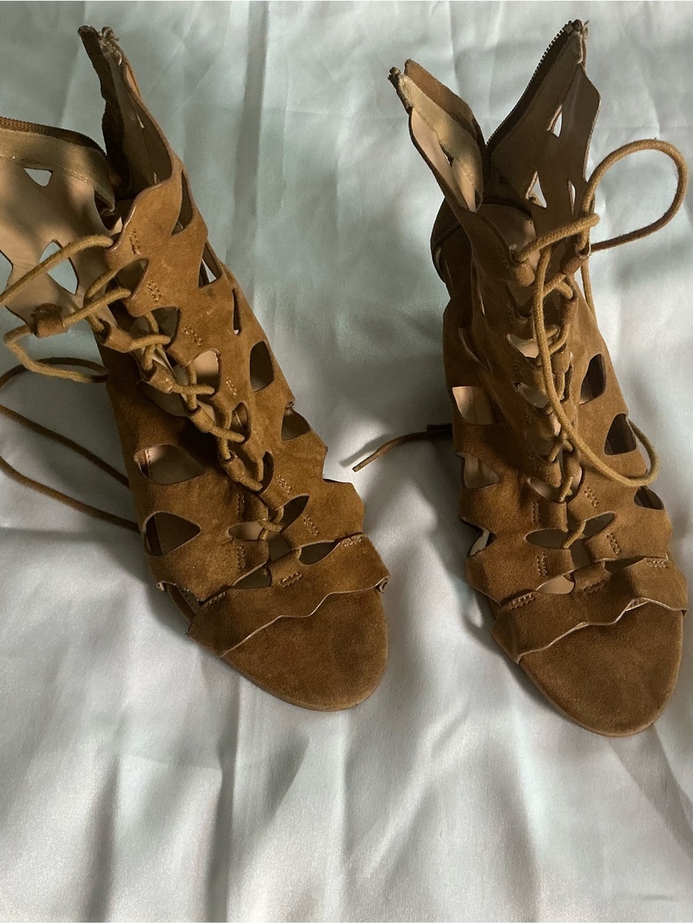 Report Brown Lace-Up Cutout Suede Heeled Sandals
